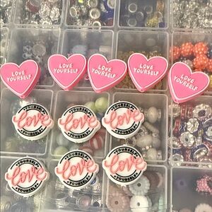 Pink "Love Yourself" Heart & Round Straight Hole Beads- 11pc  Set Silicone